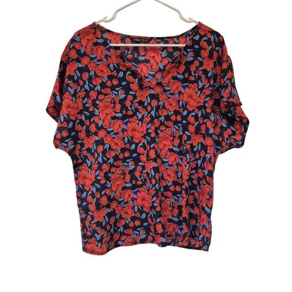 Shein Women's Red & Blue Poly Floral Dolman Sleeve Top - Picture 1 of 10